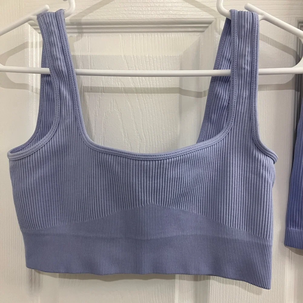 💙2 Piece Set: Periwinkle Ribbed Matching Sports Bra Biker Shorts Workout Set - Picture 5 of 10